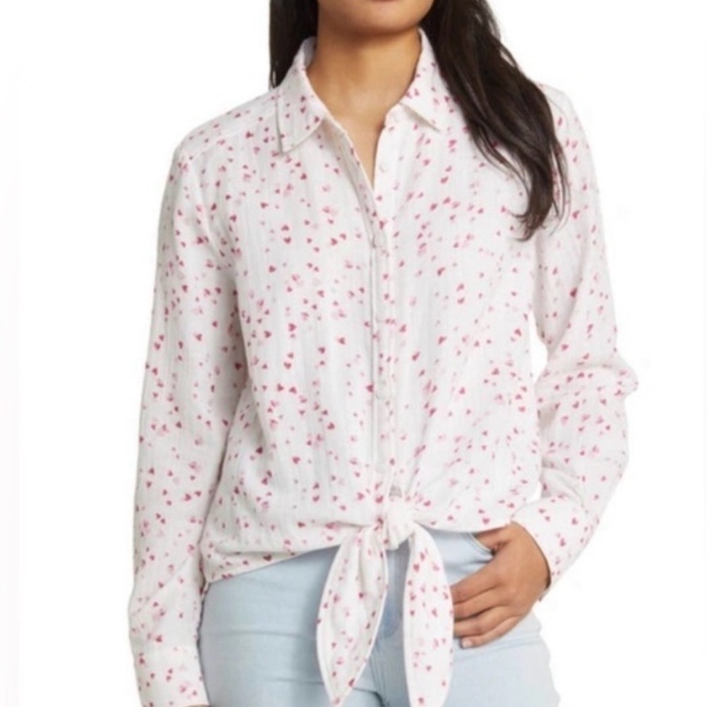 Beach Lunch Lounge Long Sleeve Button down Blouse Cotton Hearts Valentines XL